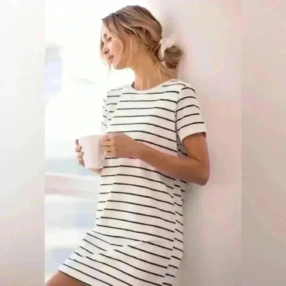 Lulus Cafe Society Black and Cream Striped Shirt Dress Sz S